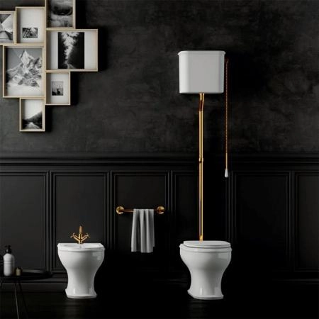 Azzurra Charme Унитаз напольный 52x40 см с высоким бачком, трубой и механизмом золото, 3L Water Saving, слив универсальный, сиденье микролифт цвет фурнитуры золото, с креплением VFV, цвет: Bianco lucido