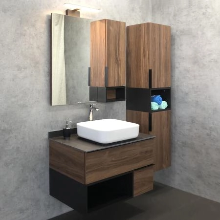 Тумба с раковиной Comforty Штутгарт-90 00-00002868 Дуб тёмно-коричневый с черной столешницей c раковиной COMFORTY T-Y9378
