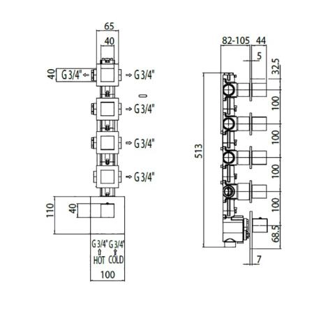 Bossini Rectangular Термостат для душа, встраиваемый, с девиаторм/3 запорных вентиля на 5 выходов, уст-ка верт/гор., цвет: хром