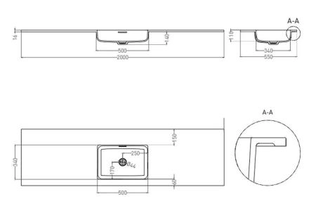 Раковина Salini ONDA PLUS S-Stone матовая 200x55 1402203MN столешница без отв.смесителя