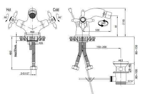 Смеситель CEZARES NOSTALGIA-BS1-02 для биде,бронза с донным клапаном