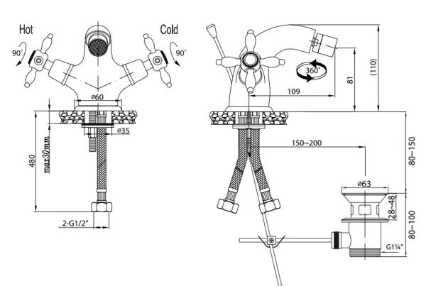 Смеситель CEZARES NOSTALGIA-BS1-02 для биде,бронза с донным клапаном