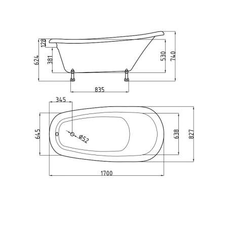 Ванна AquaStone Скарлет ножки бронза 170х80 иск. камень