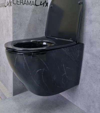 Унитаз Ceramalux 2212BM подвесной безободковый сиденье микролифт черный мрамор 490x370x360