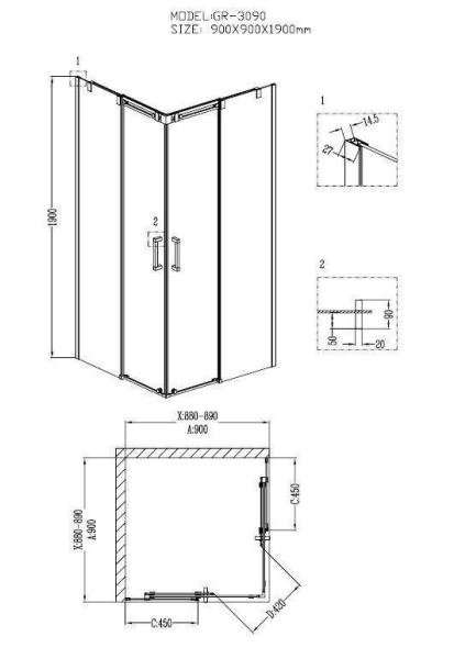 Душевой угол GROSSMAN GR-3090 Galaxy 90*90*190 квадрат, двери раздвижные
