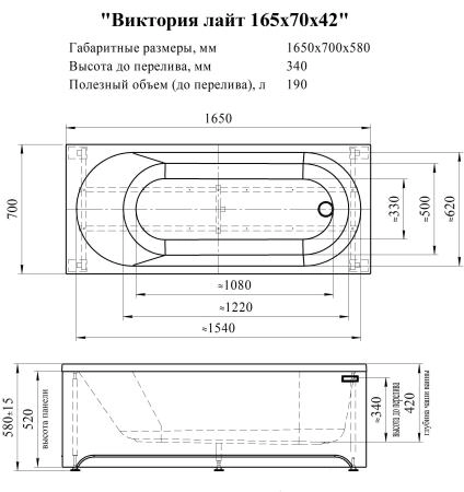 Акриловая ванна Radomir Виктория лайт 2-78-0-0-1-272Р фронтальная панель каркас разборный 165х70х42