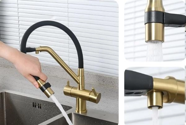 Смеситель Gappo G4398-83 для кухни с подключением фильтра питьевой воды.золо/чёр