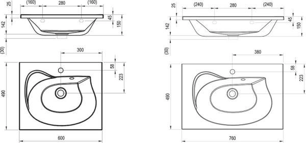 Умывальник Ravak ROSA 760 белый с отверстиями XJ201176000