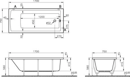 Ванна Vitra Neon 170х75 см 52280001000 акриловая прямоугольная