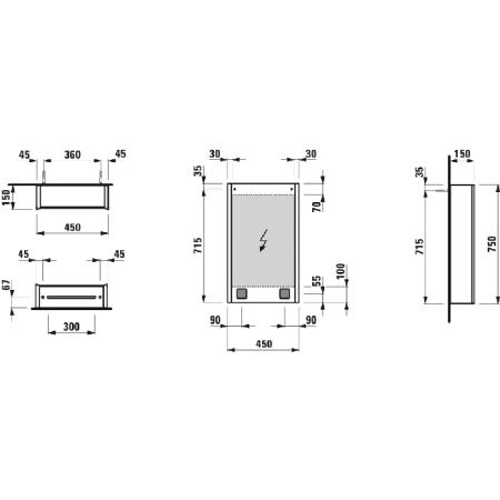 Laufen Frame 25 Зеркальный шка 45x15x75см., алюминий, 1 дверца с зеркалом с 2х сторон, SX, сенс. выкл., 2 розетки, 2 верт-х эл-та LED-подсветки (регул-ая яркость), с окружающим освещением (внизу)