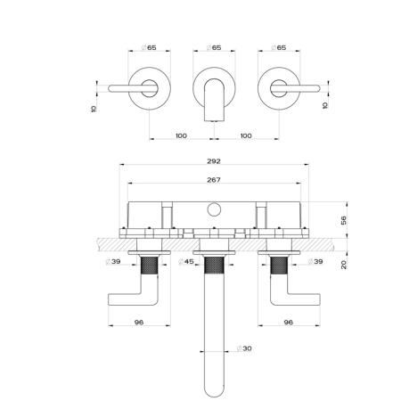 Gessi Inciso- Встраиваемый смеситель для раковины на 3 отверстия с изливом, без донного клапана. внешняя часть, цвет: black XL