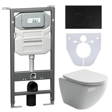 Сет 4 в 1: Подвесной унитаз Metropol Rimless арт. CN4002 + Шумоизоляционная панель для инсталляции арт. CN1000 + Система инсталляции для унитазов CERAMICANOVA Envision с кнопкой смыва Round цвет черный матовый и креплениями, арт. CN1001B
