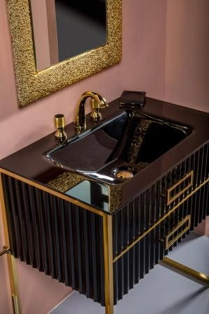 Тумба Boheme MONACO 80см h84см черная глянец + золото под раковину моноблок 866-080-BG