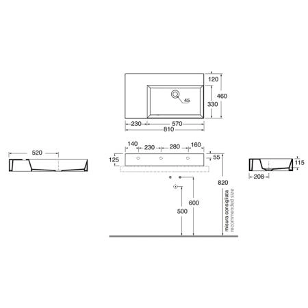 Azzurra Elegance Squared Раковина подвесная/накладная, 81x46xH12,5 см, левая, без отв., цвет: Bianco lucido