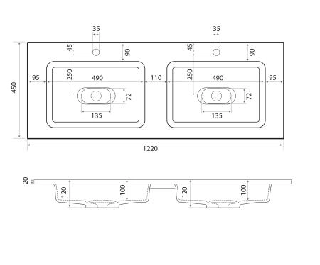 Раковина двойная Uperwood Modul 120 см, прямоугольная
