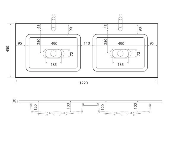 Раковина двойная Uperwood Modul 120 см, прямоугольная