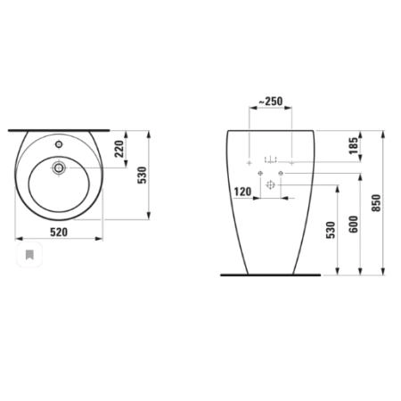 Laufen Alessi One Раковина пристенная 52х53х85см с 1 отв. под смес, крепл к стене, сифон, д/клапан, с покр. LLC, цвет: белый