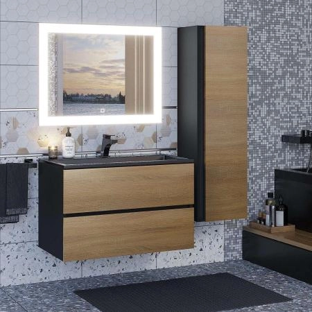 Тумба с раковиной для ванной для ванной Uperwood Barsa 80 см, раковина черная, подвесная тумба черная/дуб сонома
