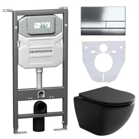 Сет 4 в 1: Подвесной унитаз Metropol Rimless арт. CN4002MB + Шумоизоляционная панель для инсталляции арт. CN1000 + Система инсталляции для унитазов CERAMICANOVA Envision с кнопкой смыва Flat цвет хром, креплениями, арт. CN1002CH