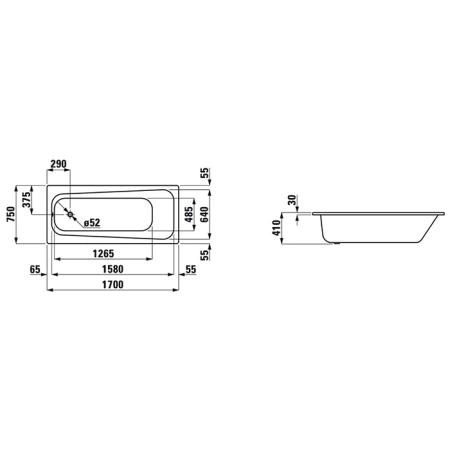 Laufen Pro Ванна встраиваемая, 170x75см., эмалированная сталь (3,5 мм), шумоизоляционное покрытие, с отверстиями для ручек, с антискользящим покрытием, цвет: белый