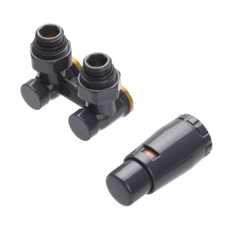 Schlosser комплект узла нижнего подключения STANDARD угловой G 3/4*3/4 с термоголовкой MINI M30*1,5 + 2 Ниппеля 1/2*3/4 Ral 9217