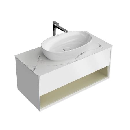 Тумба Plaza Modern/Плаза Модерн подвесная 100, нажимное открывание, 1 ящик, подсветка, белая матовая+шалфей