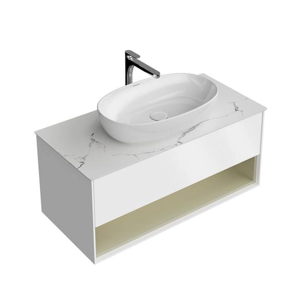 Тумба Plaza Modern/Плаза Модерн подвесная 100, нажимное открывание, 1 ящик, подсветка, белая матовая+шалфей