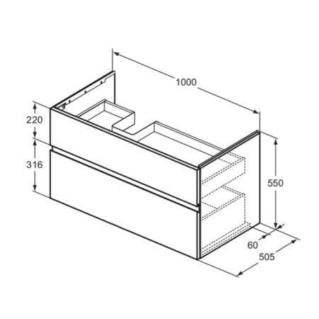 Ideal Standard Finesse Тумба с раковиной 100x50см, подвесная, SX, 2 ящика, 1 отв., цвет: белый матовый