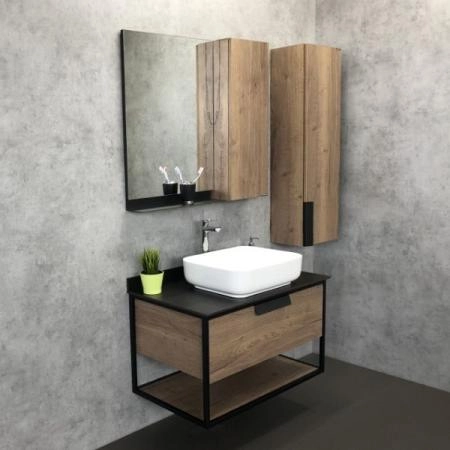 Тумба с раковиной Comforty Кёльн-90-1 дуб темный с черной столешницей