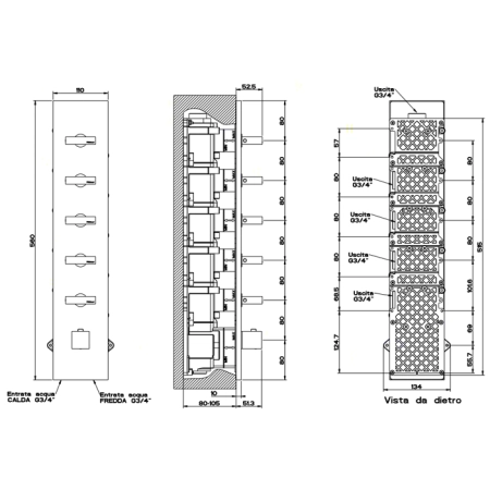 Gessi Rettangolo Встраиваемый термостатический смеситель, подключение на 3/4”, с 5ю независимыми выходами, внешняя часть, цвет: хром