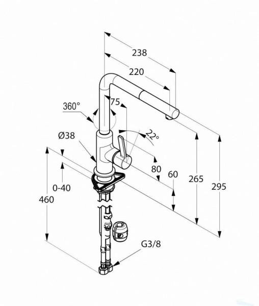 Смеситель Kludi L-Ine 408518775 для кухни, с выдвижным изливом, цвет хром-черный матовый