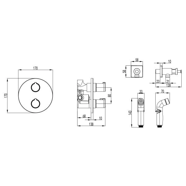 Смеситель Lemark Yeti LM7819C термостатический с гигиеническим душем, встраиваемый