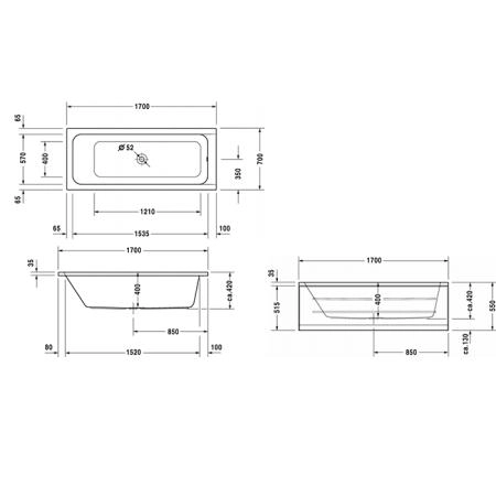 Duravit D-Code  Ванна акриловая прямоугольная 170х70x40см, встраиваемая, с 1 наклоном для спины, выпуск центральный , цвет: белый
