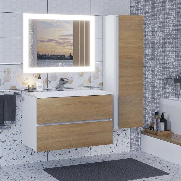 Шкаф-пенал для ванной Uperwood Barsa 35*28*120 см, подвесной, белый/дуб сонома