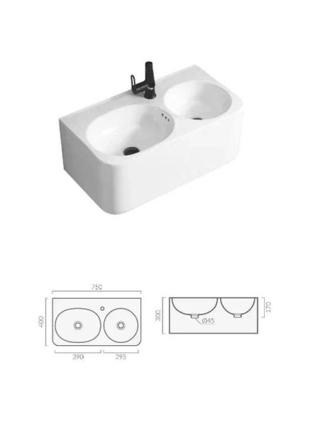 Раковина Cerutti SPA Double BRENTA СТ9699 (750х400х300) двойная подвесная