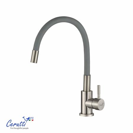 Cмеситель для кухни Ceruttispa Атэна BN-G (ATENA BN-G) из нержавеющей стали, цвет матовый никель, излив серый