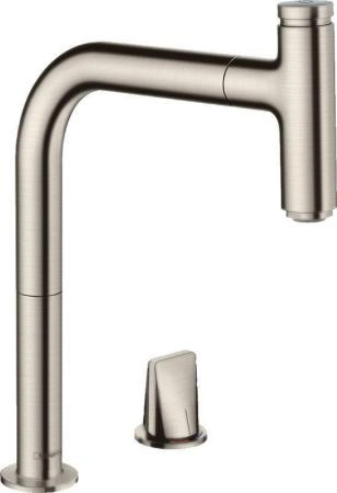 Hansgrohe 73804800 Metris Select M71 Смеситель для кухни 208 мм, на 2 отв., выдвижной излив, sBox, сталь