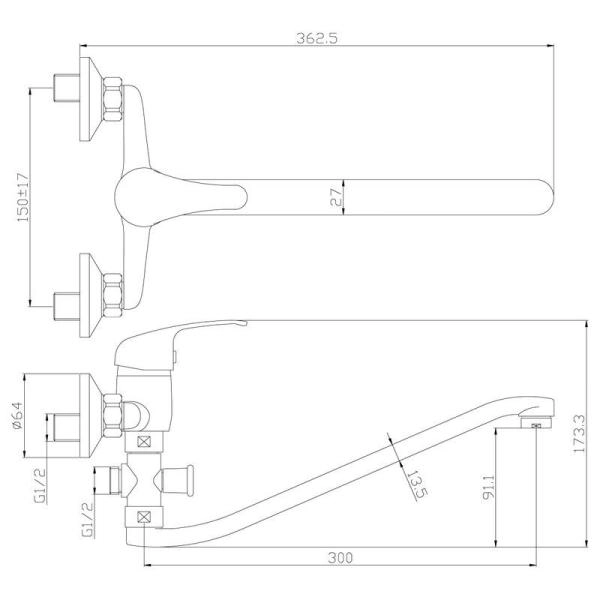 Смеситель Rossinka Y35-35 для ванны универсальный с S-образным изливом