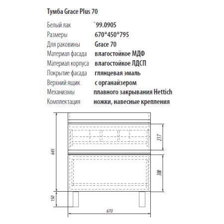 Тумба Dreja Eco Grace Plus 99.0905 70 см, белый лак, 2 ящ, под раковину