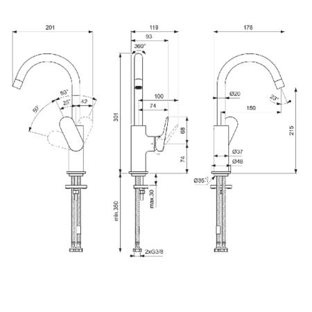 Ideal Standard Ceralife O Смеситель для раковины H21.5см., на 1 отв., с поворотным изливом, цвет: хром