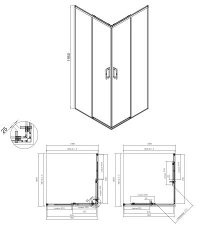 Душевой уголок Kerama Marazzi LINDO ЛИНДО LN.100.SSD.BLK.M раздвижной с функцией плавного открывания и закрывания, квадратный, 100х100х195, матовый черный