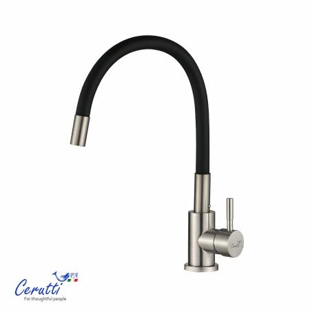 Cмеситель для кухни Ceruttispa Атэна BN-B (ATENA BN-B) из нержавеющей стали, цвет матовый никель, излив черный