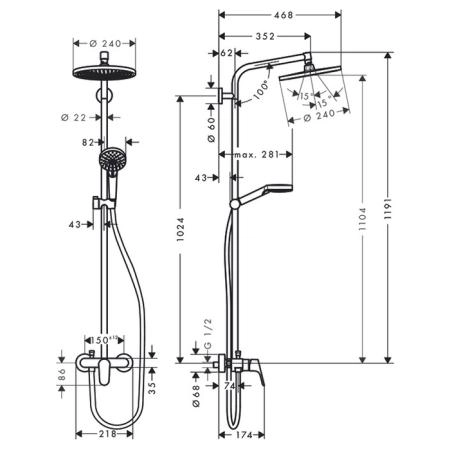 Hansgrohe Crometta S 240 SHP Душевая система 102см, с верхним Ø240мм., ручным дешем и однорычажным смесителем, цвет: хром ЦЕНА по АКЦИИ