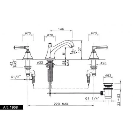 Nicolazzi Teide Смеситель для раковины на 3 отв., с донным клапаном, ручки Crystal lever, цвет: Gold