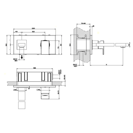 Gessi Rettangolo Встраиваемый однорычажный смеситель с инд.длиной излива (70-300мм), внешние части, цвет: хром