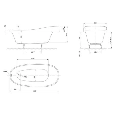 Knief Relax Fit Ванна 0400-268 встроенная 180x85x62см с ножками (перелив стандартный), без слива-перел, цвет: белый (продается со сливом 0100-091-06)
