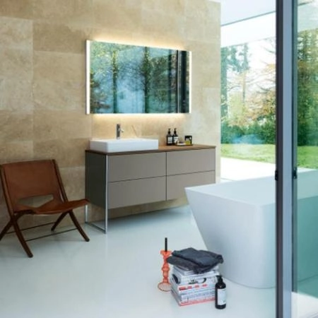 Duravit XSquare База на ножках  на 1 раковину слева L  140х57.8х40см, с 4 выдв ящик, цвет: фланелево серый матовый с консолью напольная, цвет орех и накладной раковиной