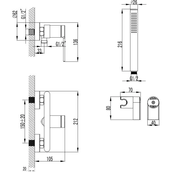 Смеситель для душа Azario VINCENTE с ручным душем, без излива, графит (AZ-VRZ338326AJ)