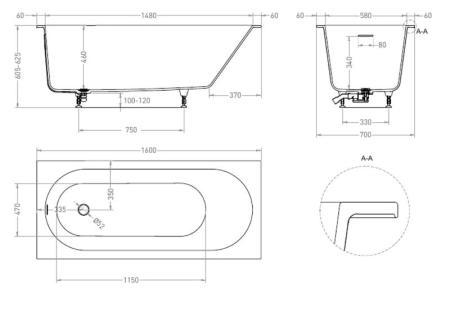 Ванна Salini ORNELLA 160х70 KIT S-Sense покраска RAL глянцевая 102416GF