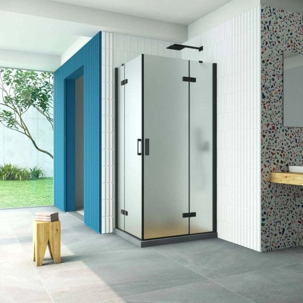 Душевой уголок Vegas-glass AFA-F Retta 90*80 02М 10 R, профиль черный матовый, стекло сатин